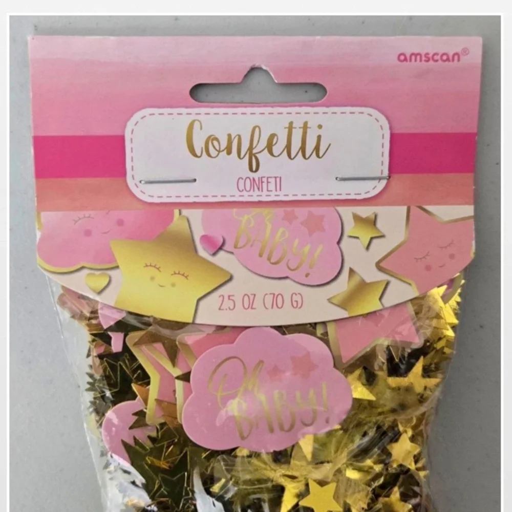 New amscan Confetti Baby Girl Party Gold Stars Hearts Pink Clouds 2.5oz NWT